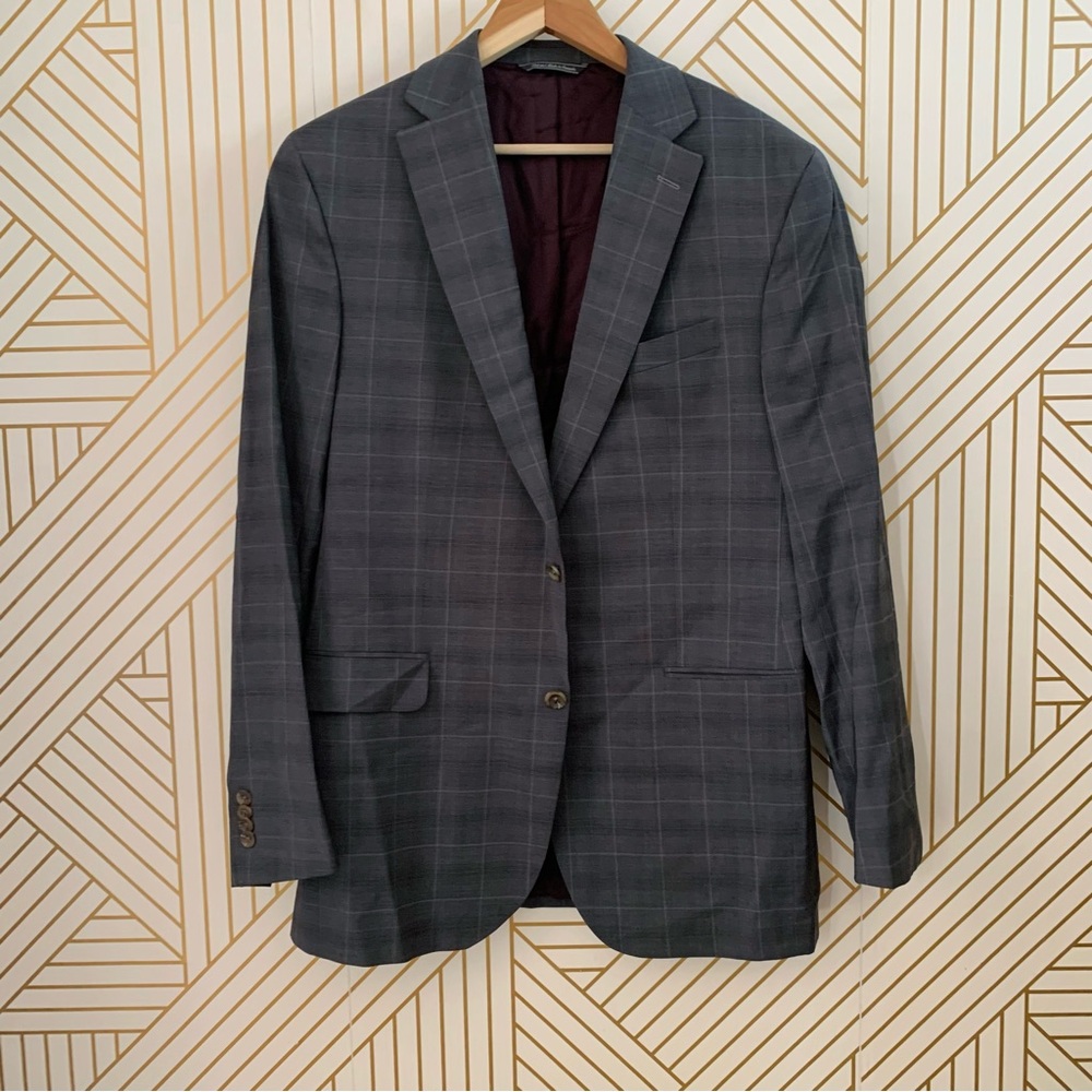 Jack Victor Napoli plaid window pane 100% Wool Suit Jacket Size 42 super 100s